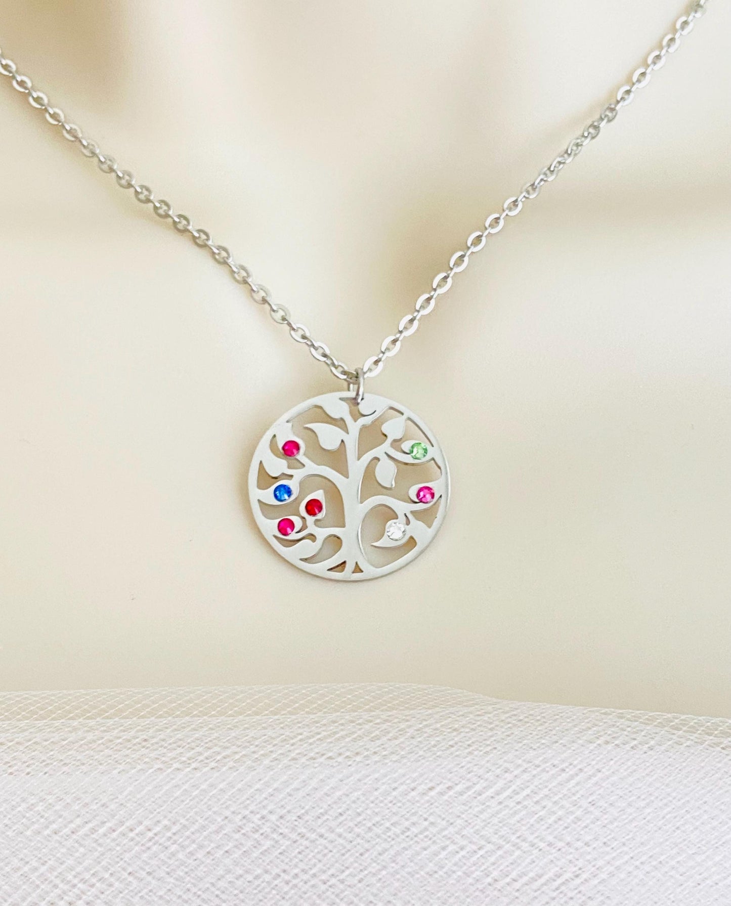 Stainless Steel Birthstone Family Tree Pendant Necklace • Personalized Family Jewelry