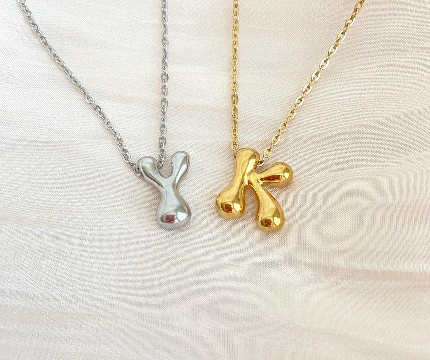 Stainless Steel Large Bubble Initial Charm Necklace • Personalized Letter Necklace in Stainless Steel or Gold Over Stainless Steel