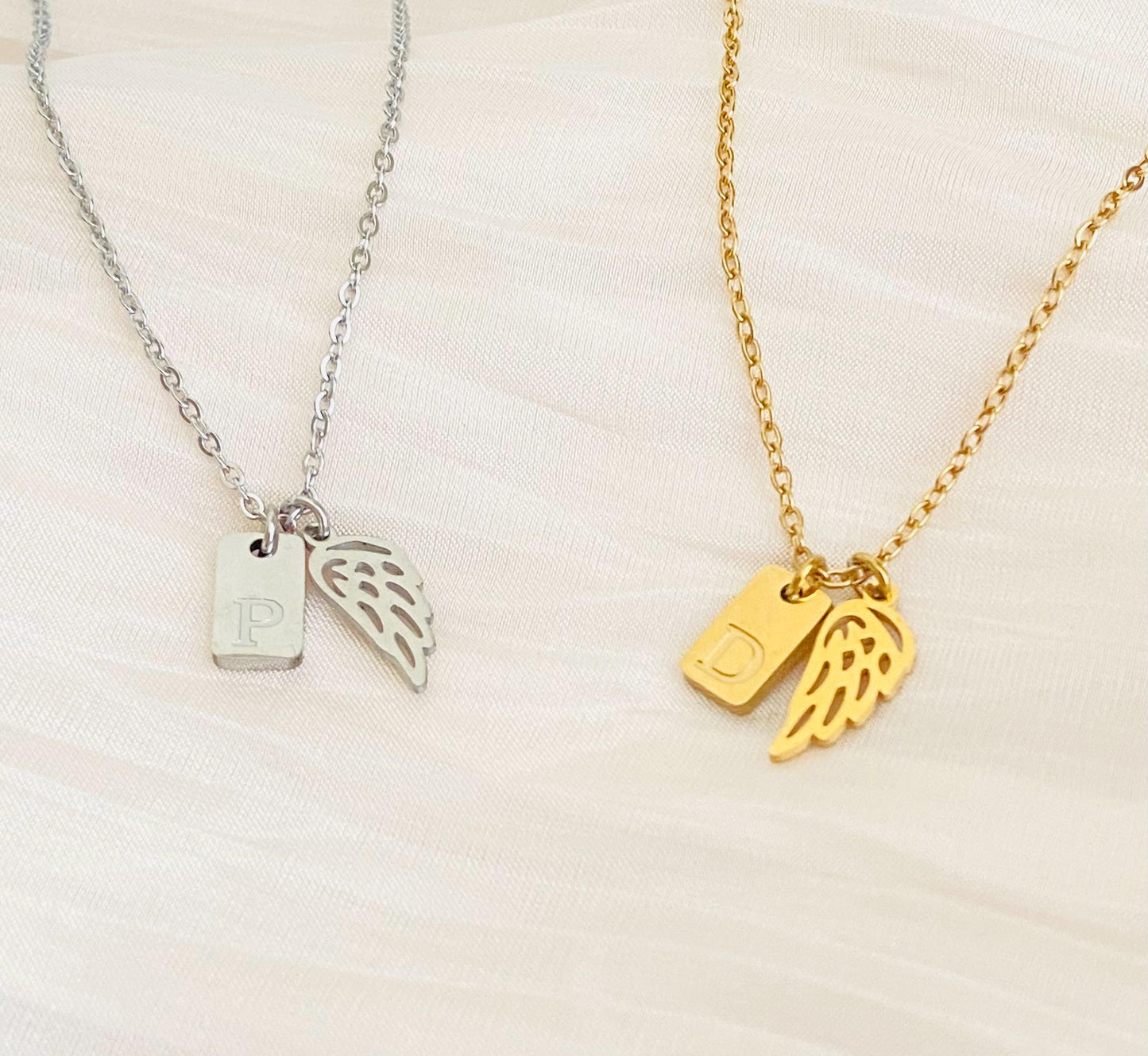 Personalized Angel Wing Necklace with Initial Tag • Stainless Steel or Gold Custom Charm Necklace