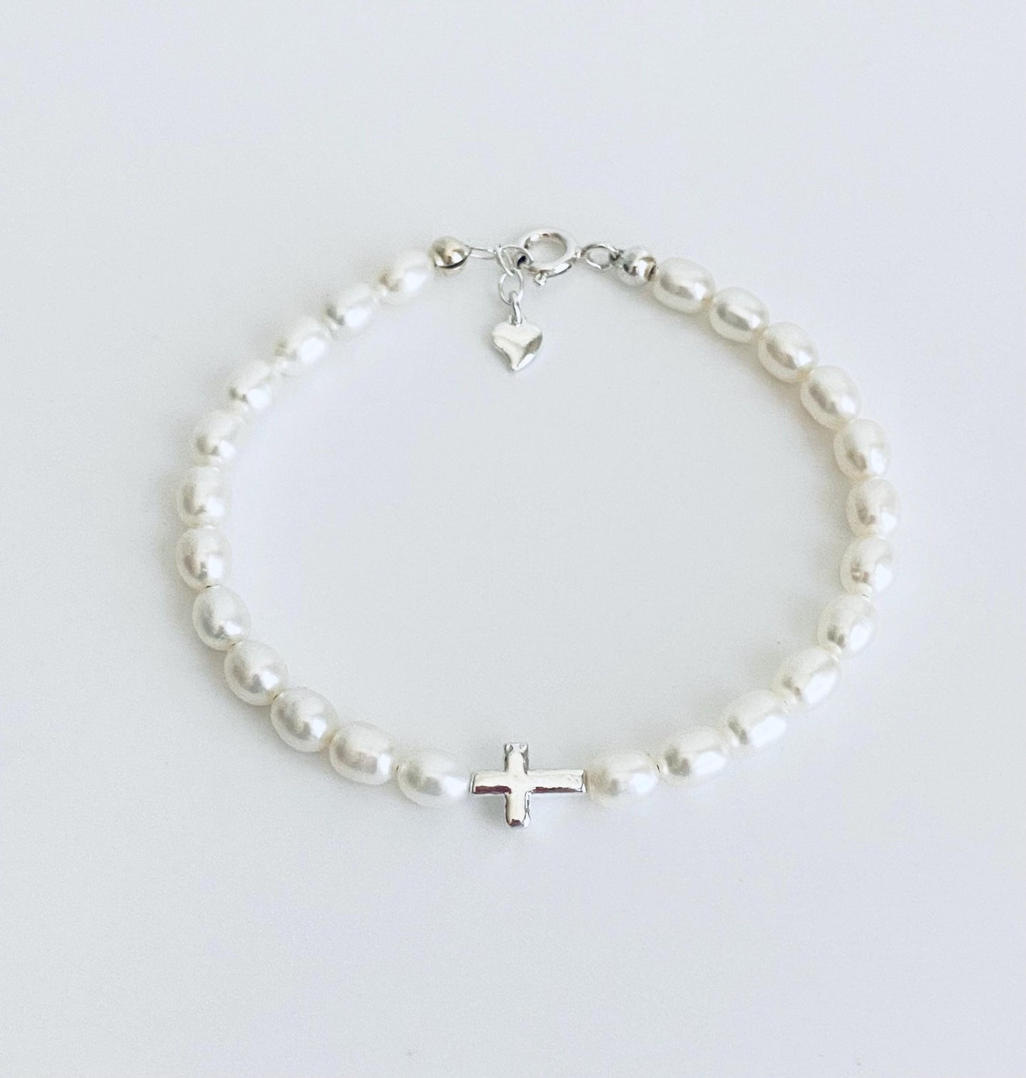 Adjustment Sterling Silver Cross Bracelet with White Freshwater Pearls • Christian Pearl Jewelry Gift