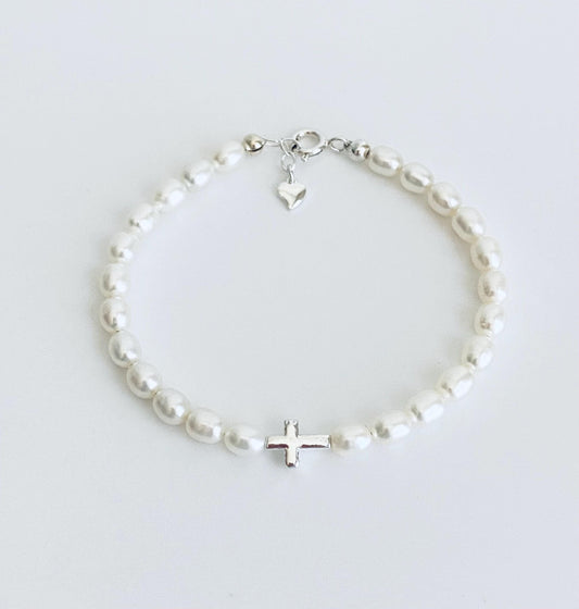 Adjustment Sterling Silver Cross Bracelet with White Freshwater Pearls • Christian Pearl Jewelry Gift