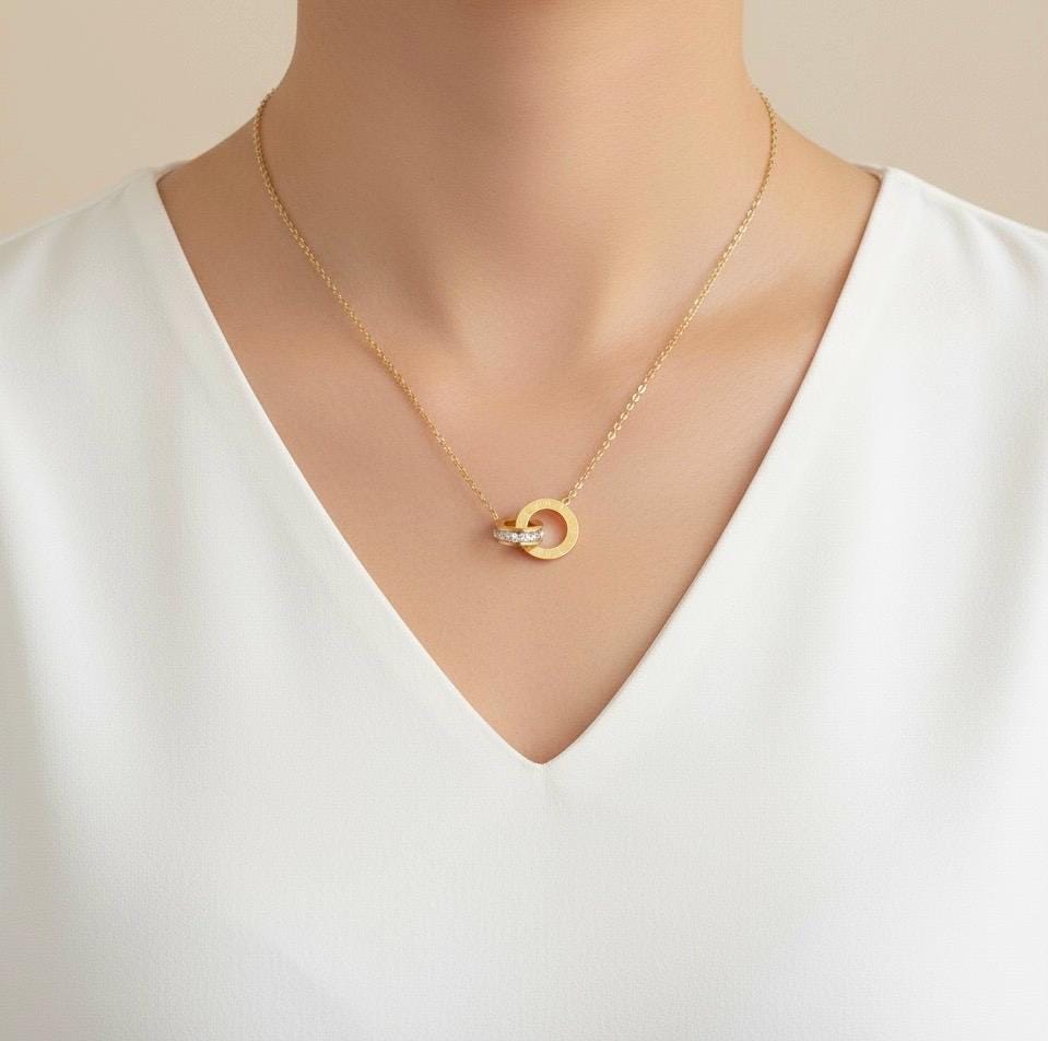 Interlocking Circle Necklace with CZ Accent • Stainless Steel or Gold Linked Circle Pendant, Minimalist Karma Necklace