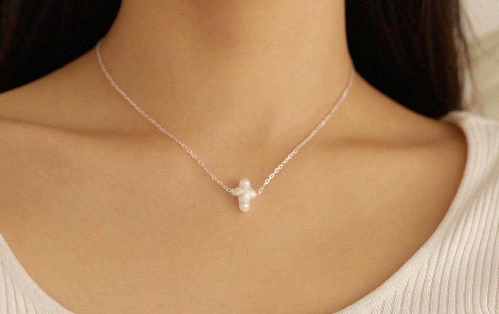 White Freshwater Pearl Cross Necklace in Sterling Silver or Gold Filled • Christian Pearl Jewelry Gift