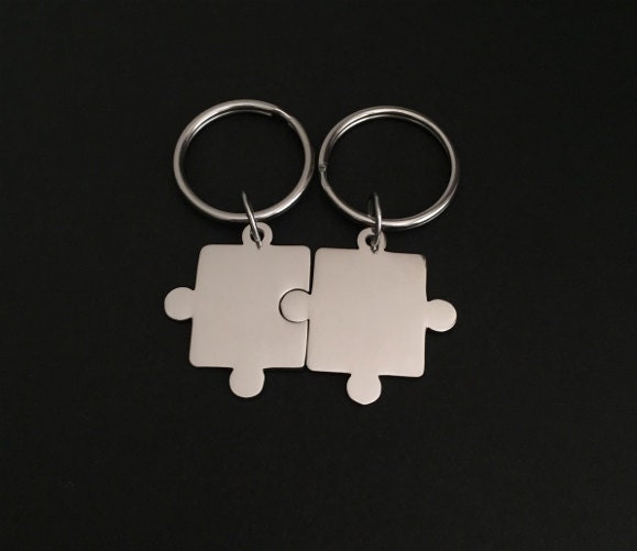 Personalized Stainless Steel Puzzle Keychain Set • Custom Engraved Matching Key Chains