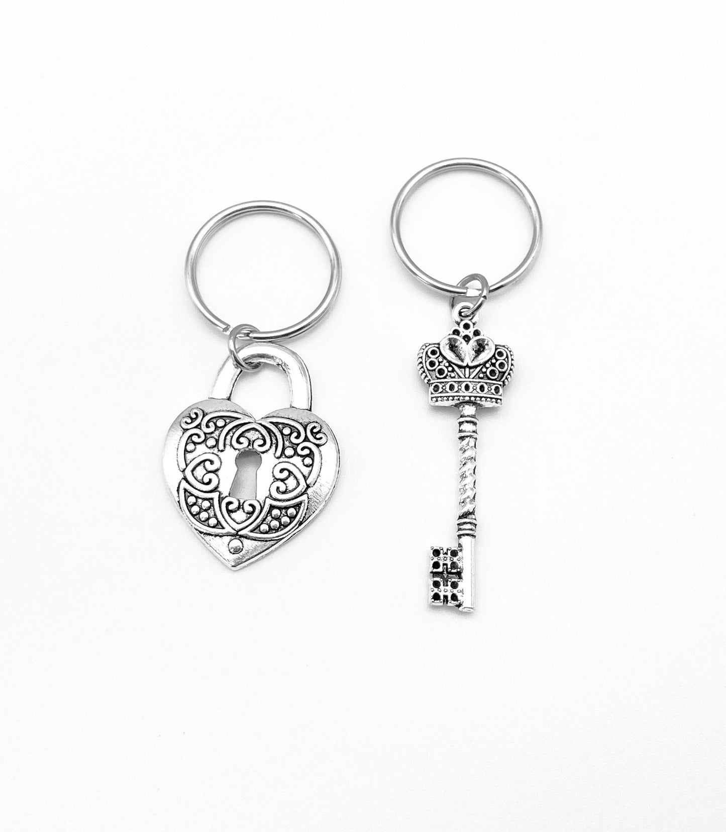 Large Heart Lock and Key Charm Key Chain Set • Base Metal Matching Couple Keychains