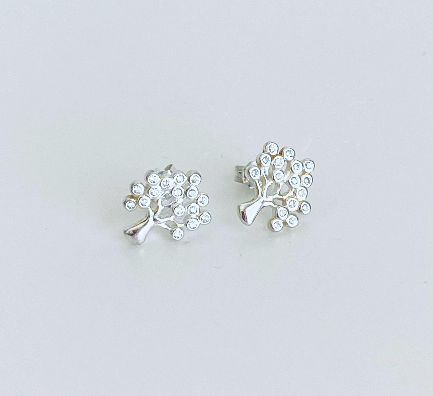 Sterling Silver Tree Stud Earrings with Tiny CZ  accent • 925 Silver Tree of Life Studs