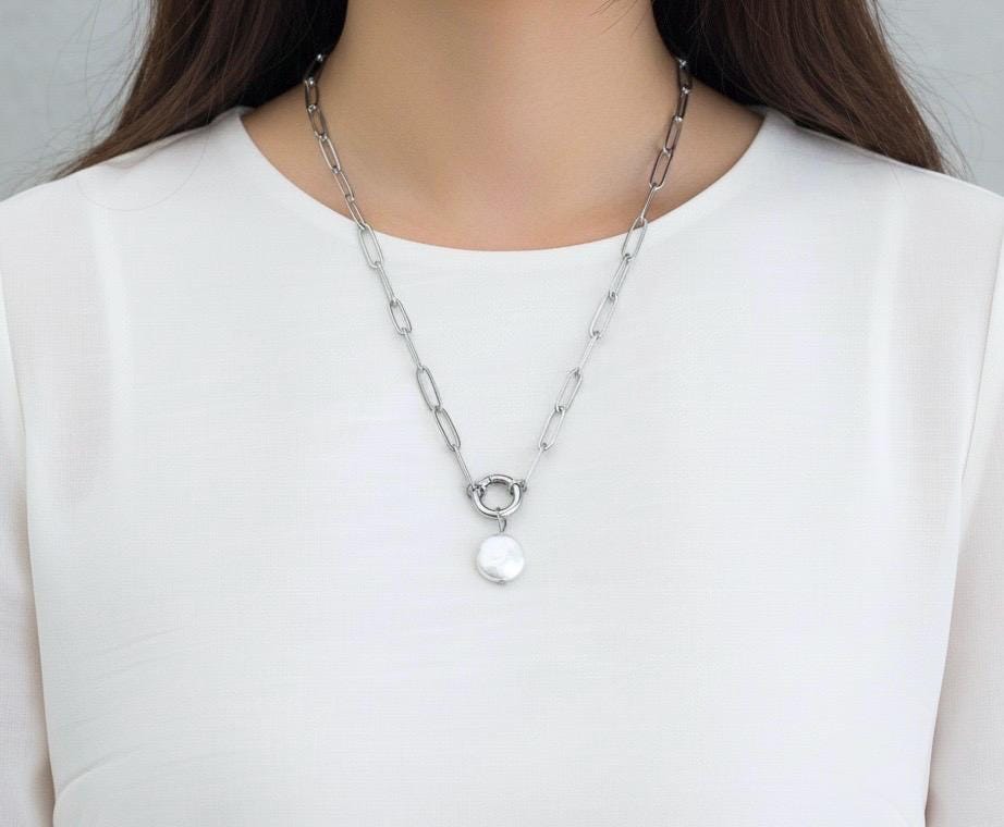 Large Paperclip Chain Necklace with White Freshwater Teardrop Pearl Pendant – Stainless Steel or Gold