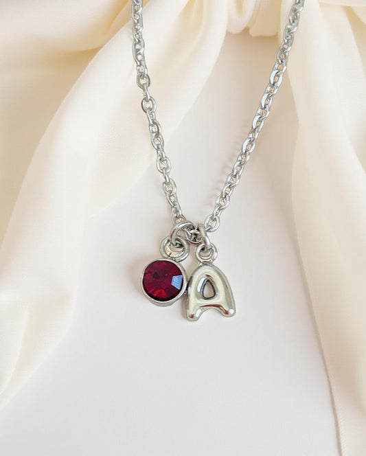 Personalized Birthstone & Small Bubble Initial Necklace • Gift for Her