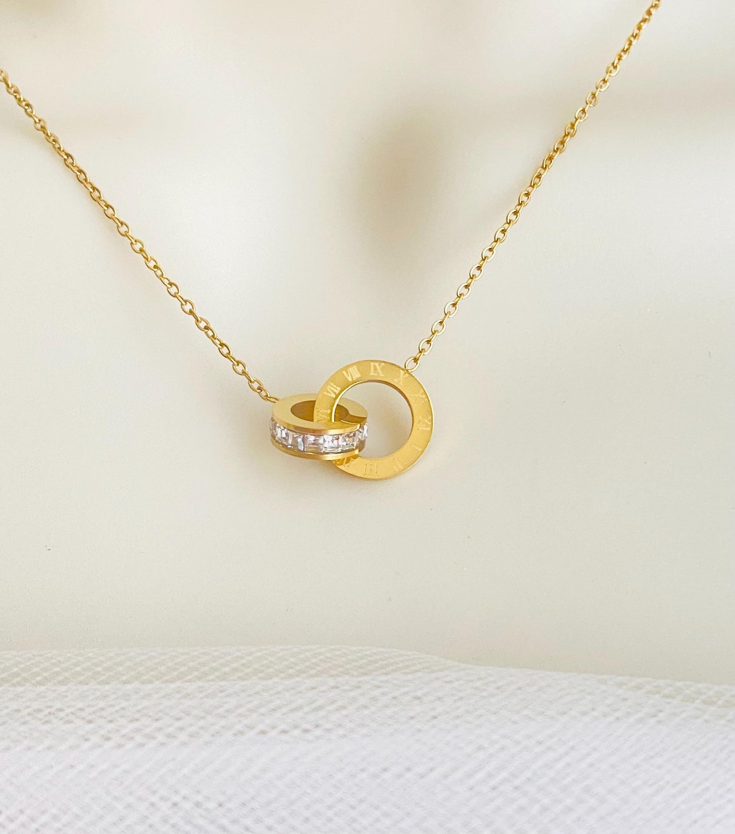 Interlocking Circle Necklace with CZ Accent • Stainless Steel or Gold Linked Circle Pendant, Minimalist Karma Necklace