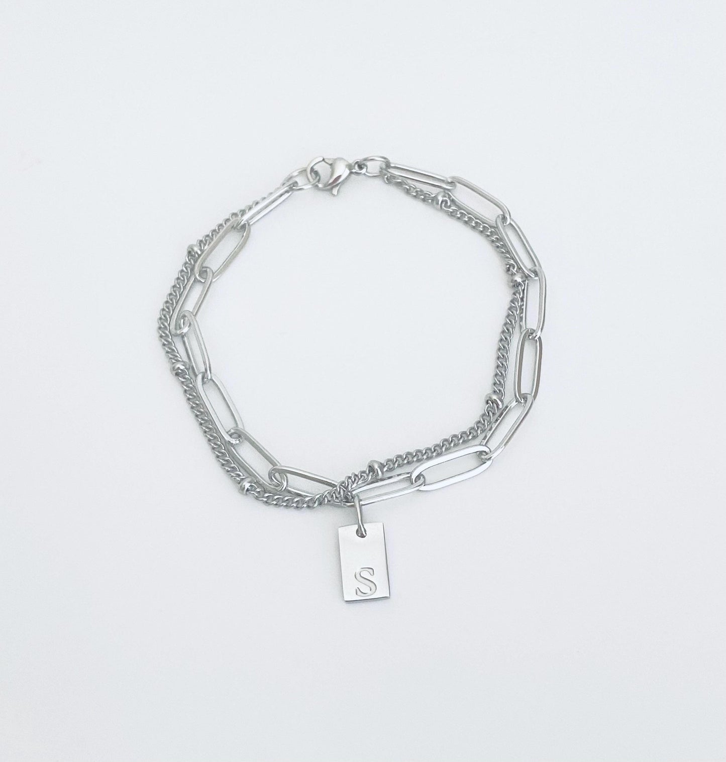 Double Layer Chain Bracelet with Initial Charm • Satellite Chain & Paperclip Chain Bracelet in Stainless Steel or Gold Over Stainless Steel