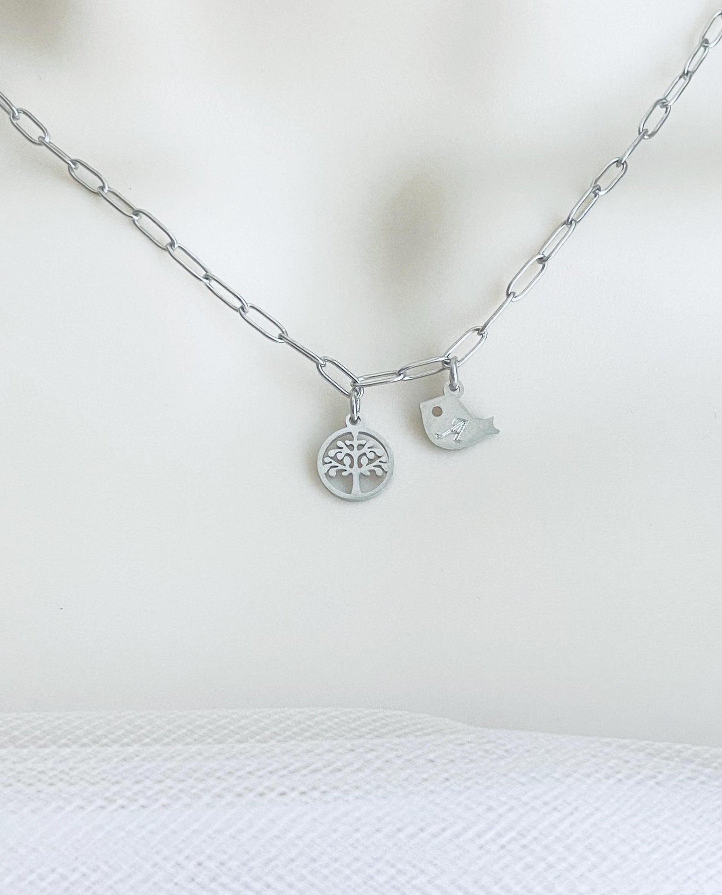 Stainless Steel Family Tree Pendant Necklace with Baby Bird Charms • Personalized Mother Necklace