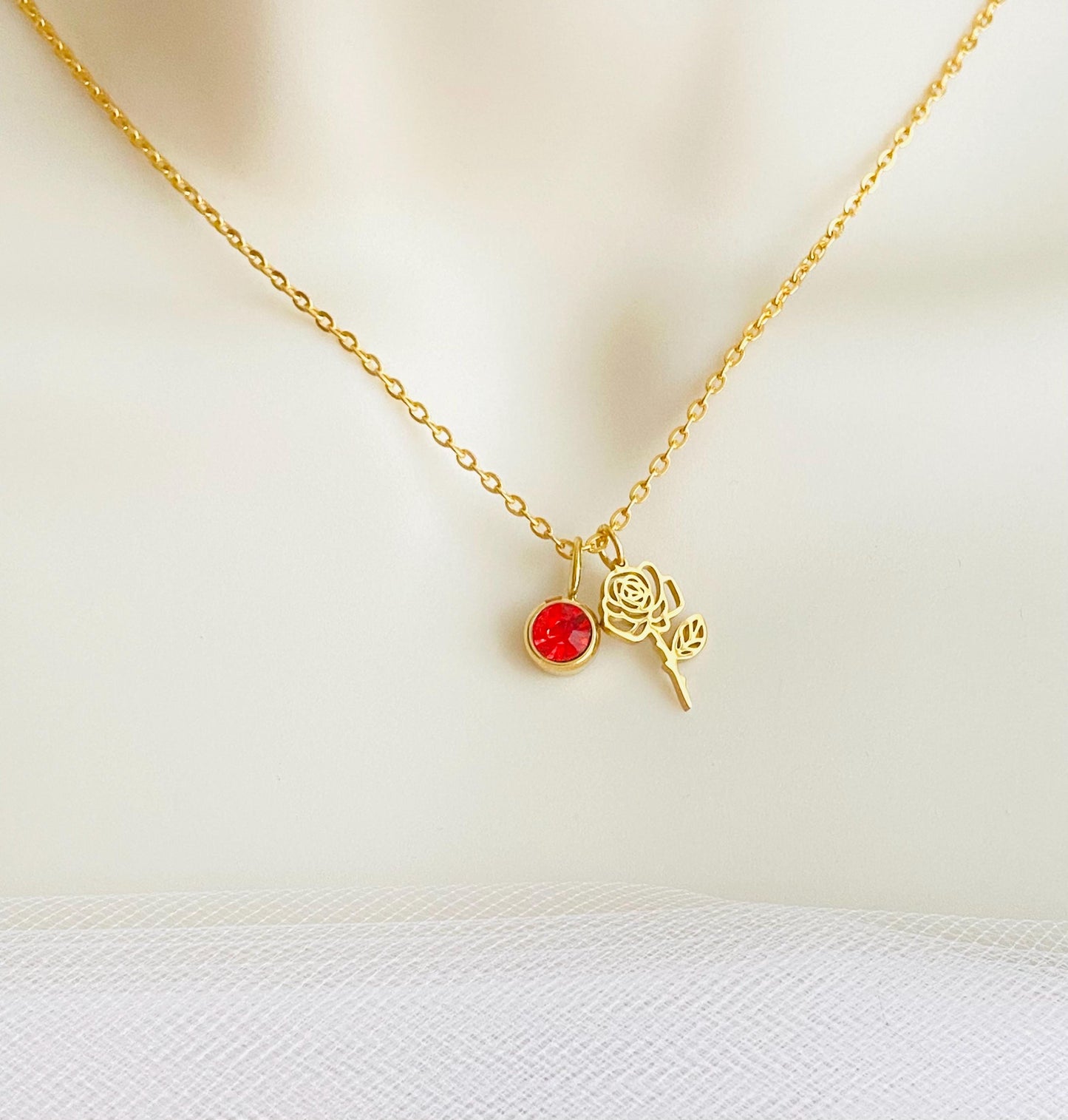 Personalized Birthstone & Birth Flower Pendant Necklace • Custom Necklace in Stainless Steel or Gold