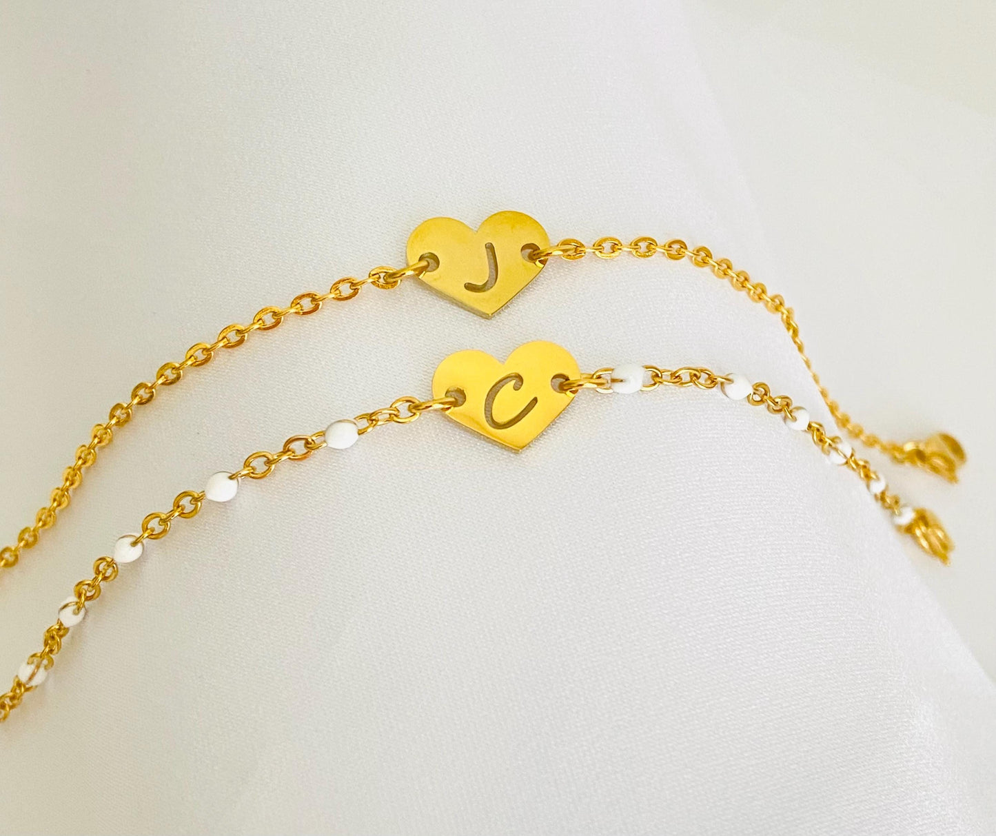 Gold Heart Initial Charm Bracelet • Personalized Letter Bracelet with Flat Cable Chain or White Enamel Beaded Chain