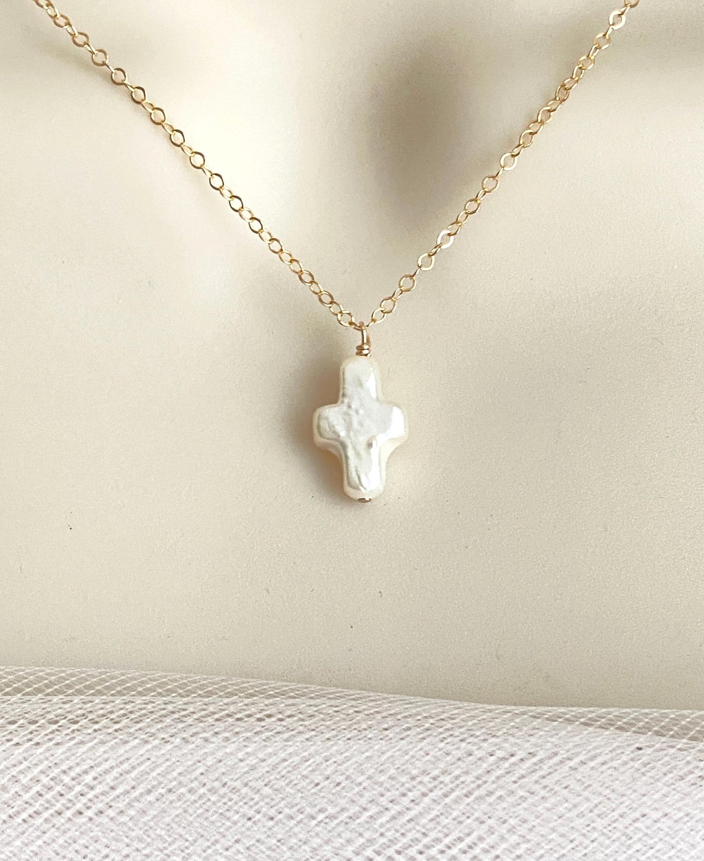 White Freshwater Pearl Cross Pendant Necklace in Sterling Silver or Gold Filled • Christian Faith Jewelry Gift