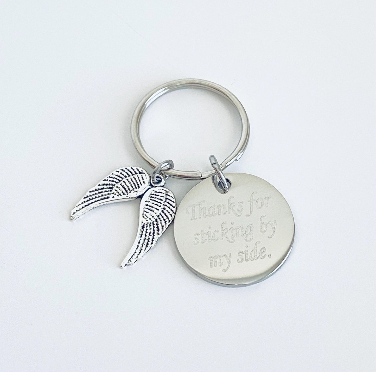 Personalized Stainless Steel Tag with Angel Wing Key Chain • Custom Engraved Guardian Keychain