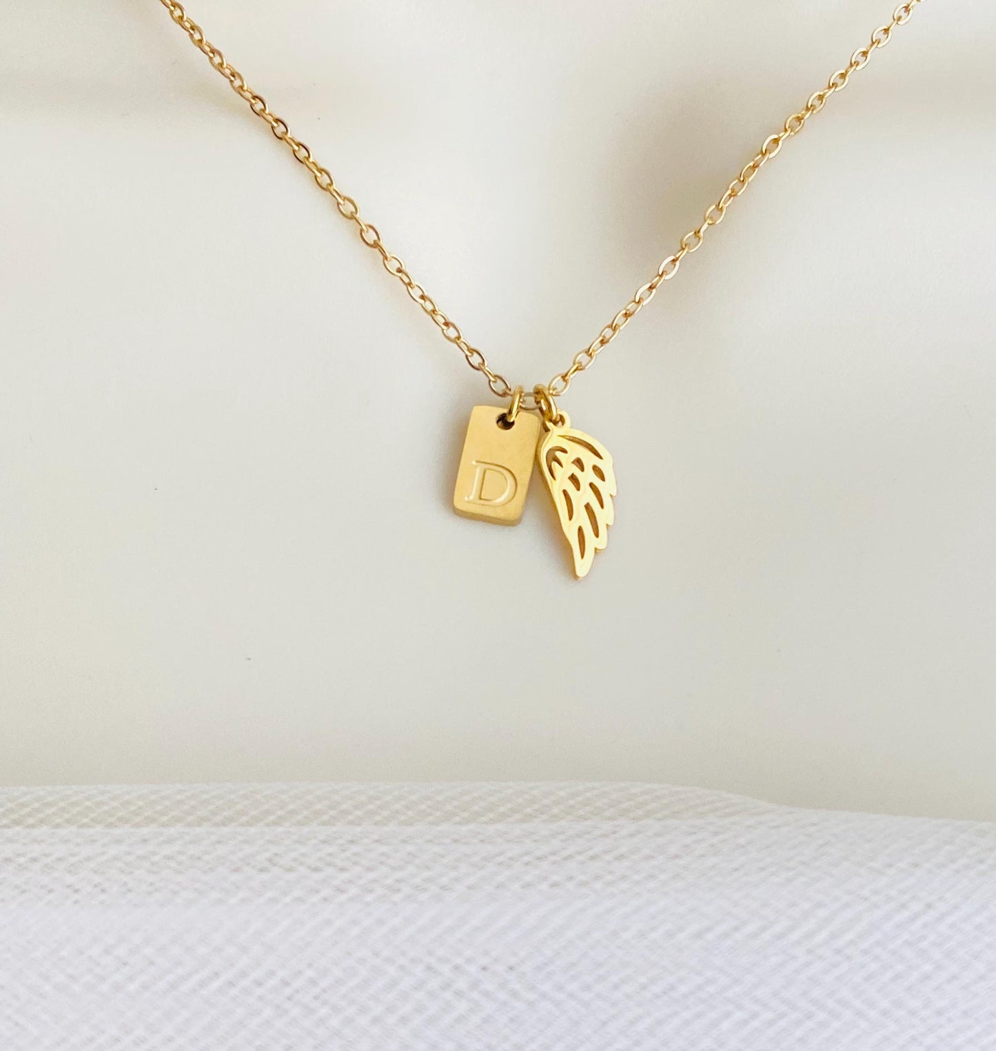 Personalized Angel Wing Necklace with Initial Tag • Stainless Steel or Gold Custom Charm Necklace