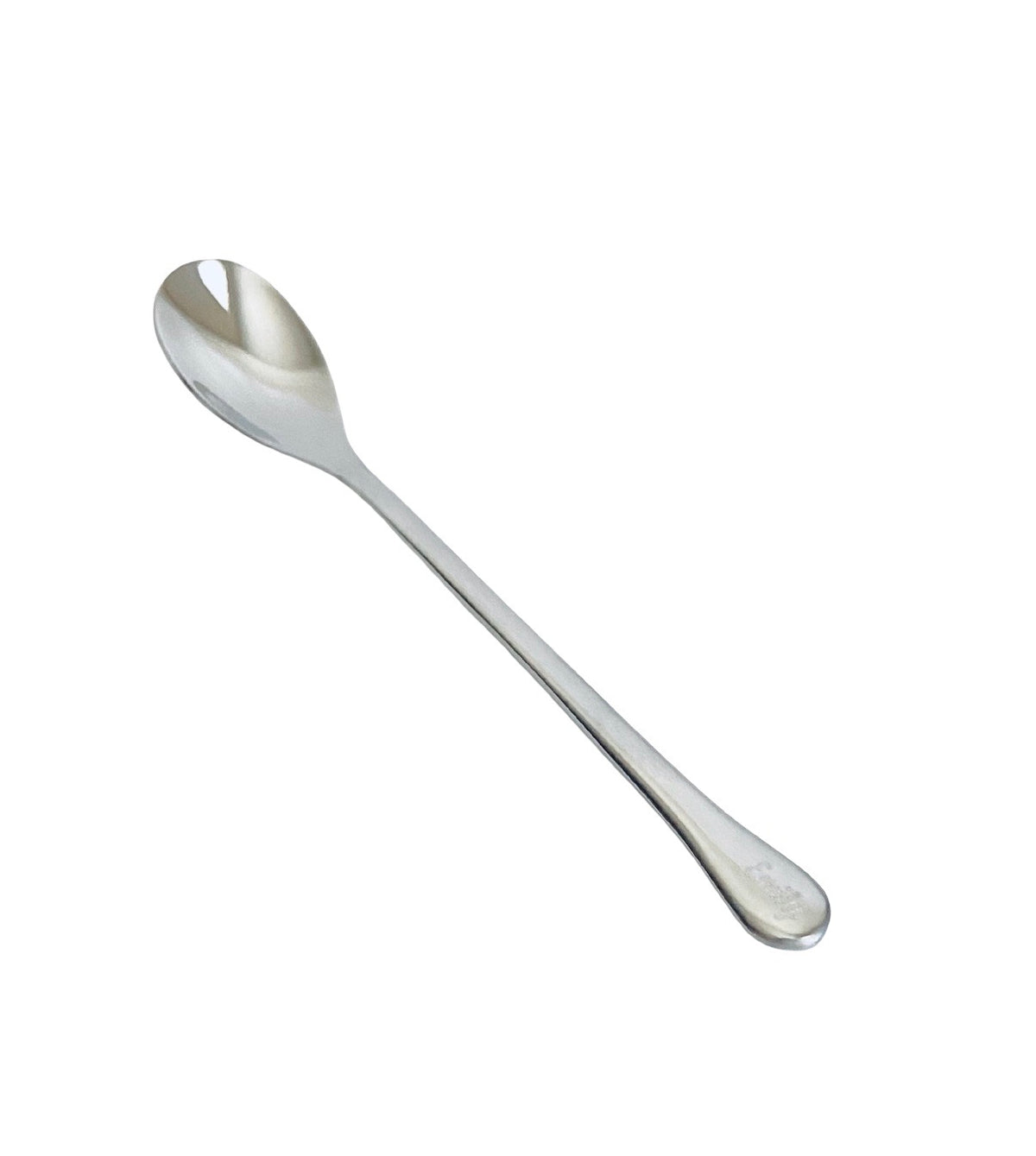 A polished stainless steel spoon with a reflective metallic finish, shown diagonally on a plain white background.