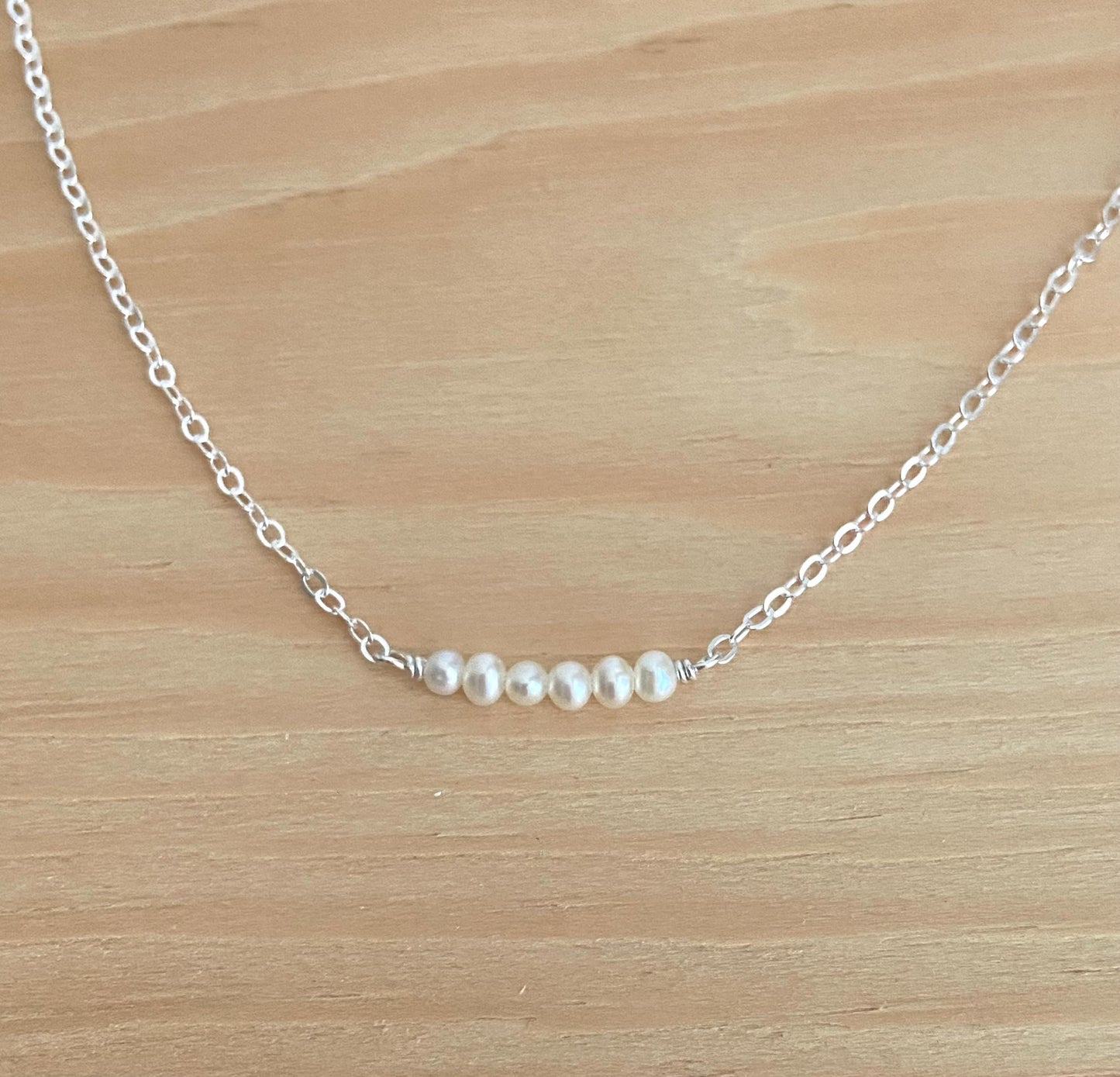TINY White Pearl Bar Necklace in Sterling Silver. Gold Filled