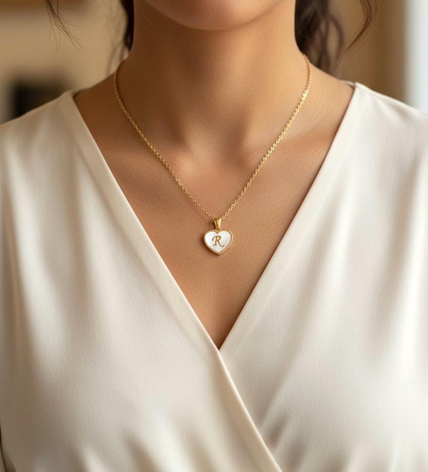 Personalized Gold Shell Heart Initial Necklace • Gold Over Stainless Steel Personalized Pendant