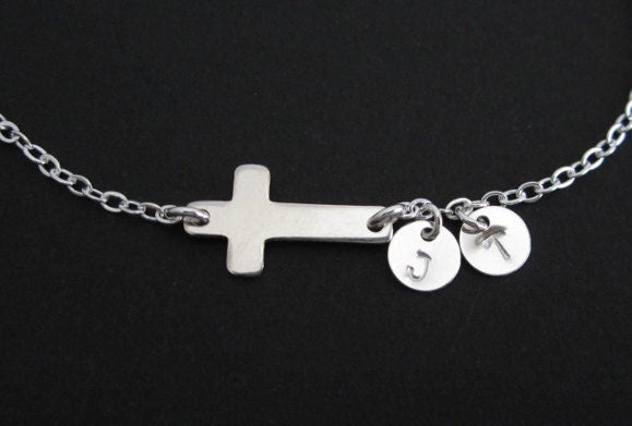 Sterling Silver Cross Bracelet with Two Tiny Initial Charms • Personalized 925 Silver Faith Bracelet
