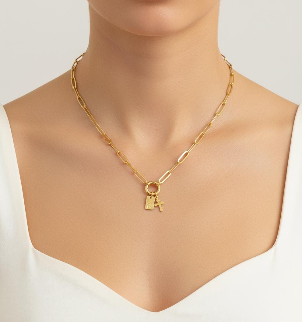 Personalized Paperclip Chain Necklace with Cross & Initial Charm • Stainless Steel or Gold