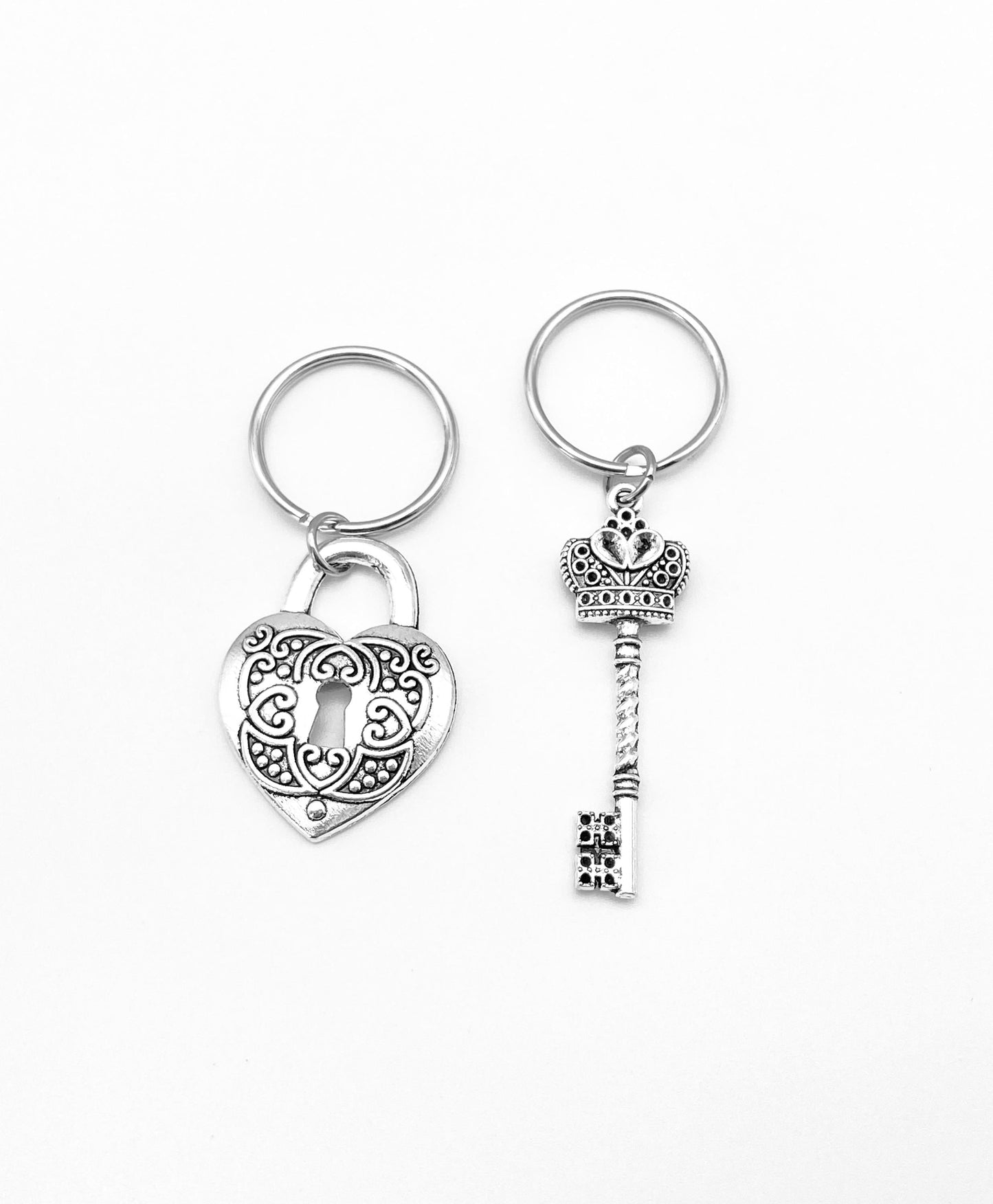 Large Heart Lock and Key Charm Key Chain Set • Base Metal Matching Couple Keychains