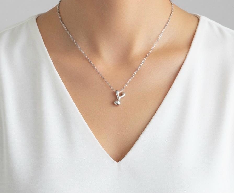 Stainless Steel Large Bubble Initial Charm Necklace • Personalized Letter Necklace in Stainless Steel or Gold Over Stainless Steel