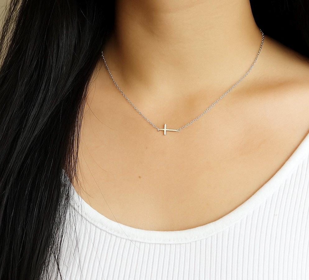 Sterling Silver Slim Sideways Cross Pendant Necklace • Minimalist Faith Necklace
