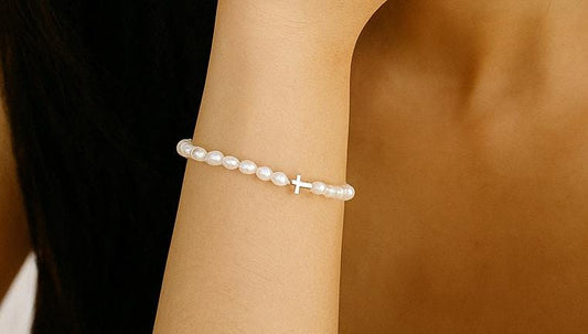 Adjustment Sterling Silver Cross Bracelet with White Freshwater Pearls • Christian Pearl Jewelry Gift