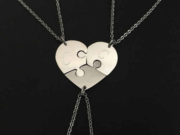 Personalized Stainless Steel 3-Piece Heart Puzzle Necklace Set • Custom Engraved Matching Heart Necklaces
