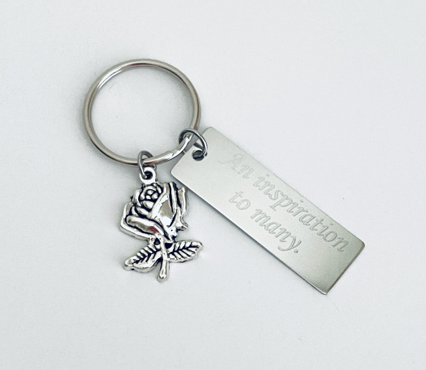 Personalized Key Chain with Rose Charm • Custom Engraved Floral Keychain Gift for Her