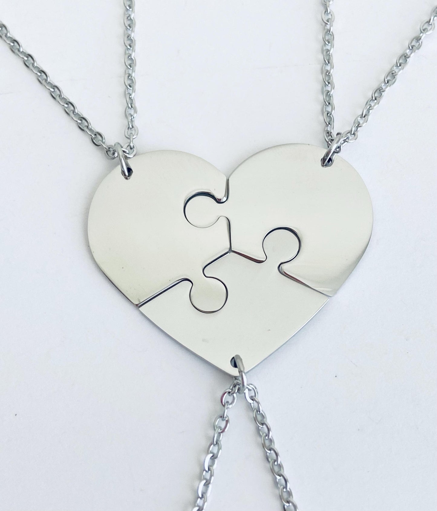 Personalized Stainless Steel 3-Piece Heart Puzzle Necklace Set • Custom Engraved Matching Heart Necklaces