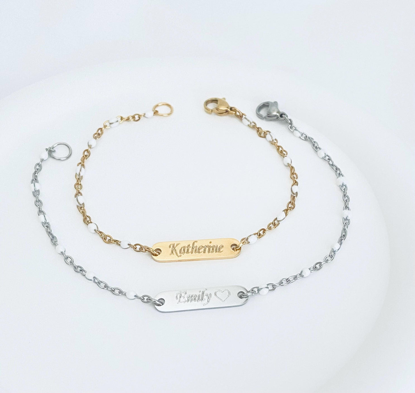 Personalized Stainless Steel Mini Bar Bracelet with White Enamel Beaded Chain • Custom Engraved Name Bracelet