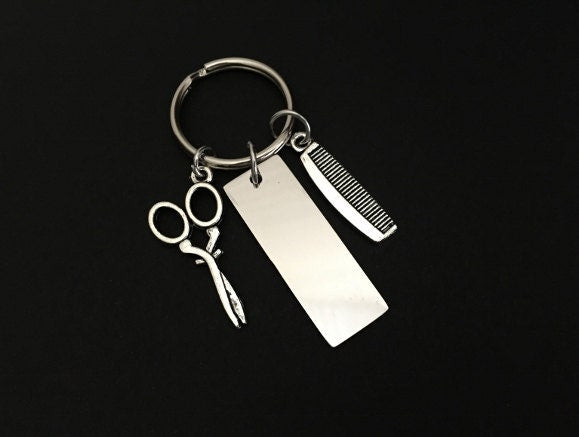 Personalized Hair Stylist Keychain with Comb and Scissor Charm • Engraved Gift for Hairdresser, Barber or Cosmetologist