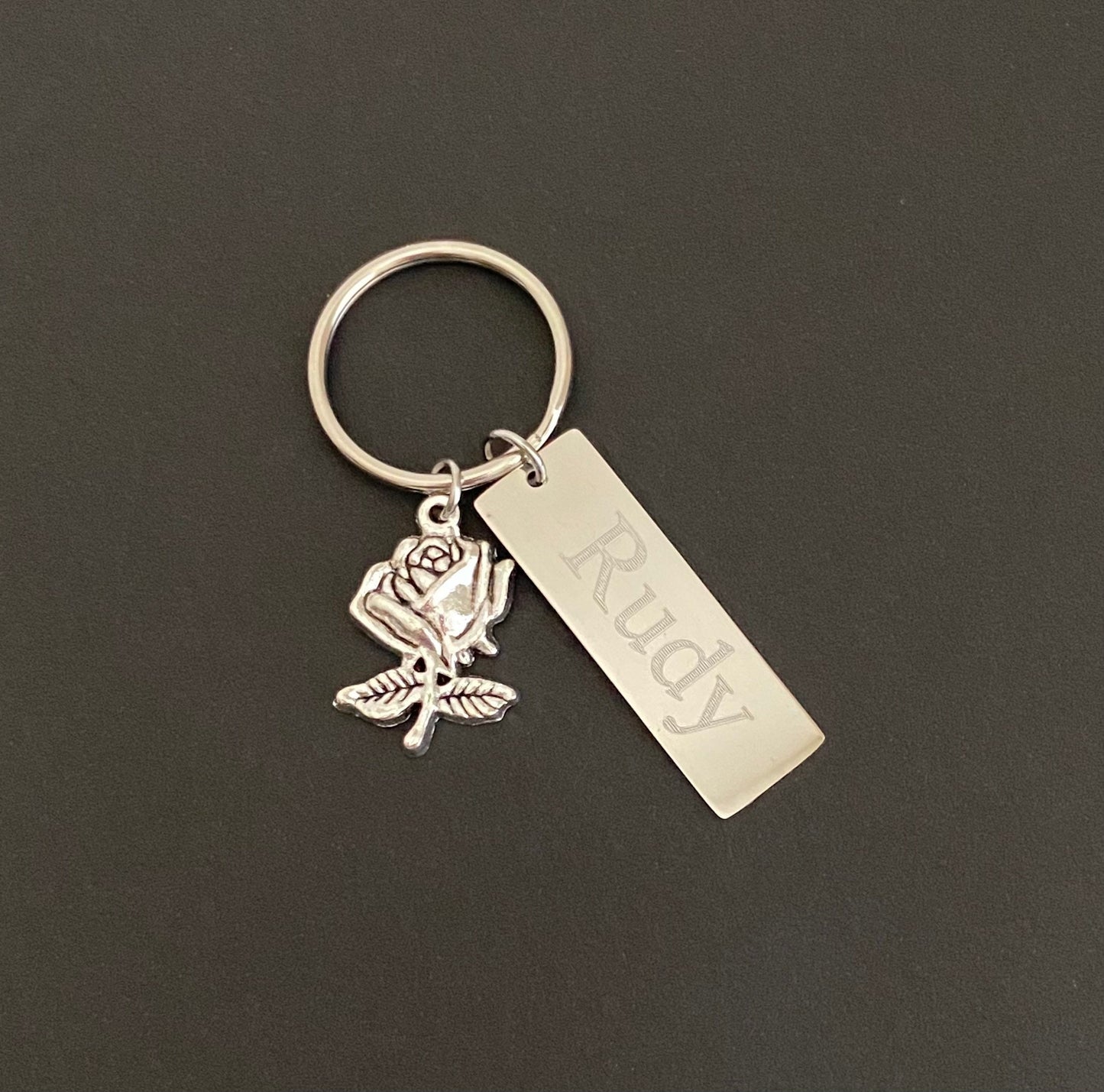 Personalized Key Chain with Rose Charm • Custom Engraved Floral Keychain Gift for Her