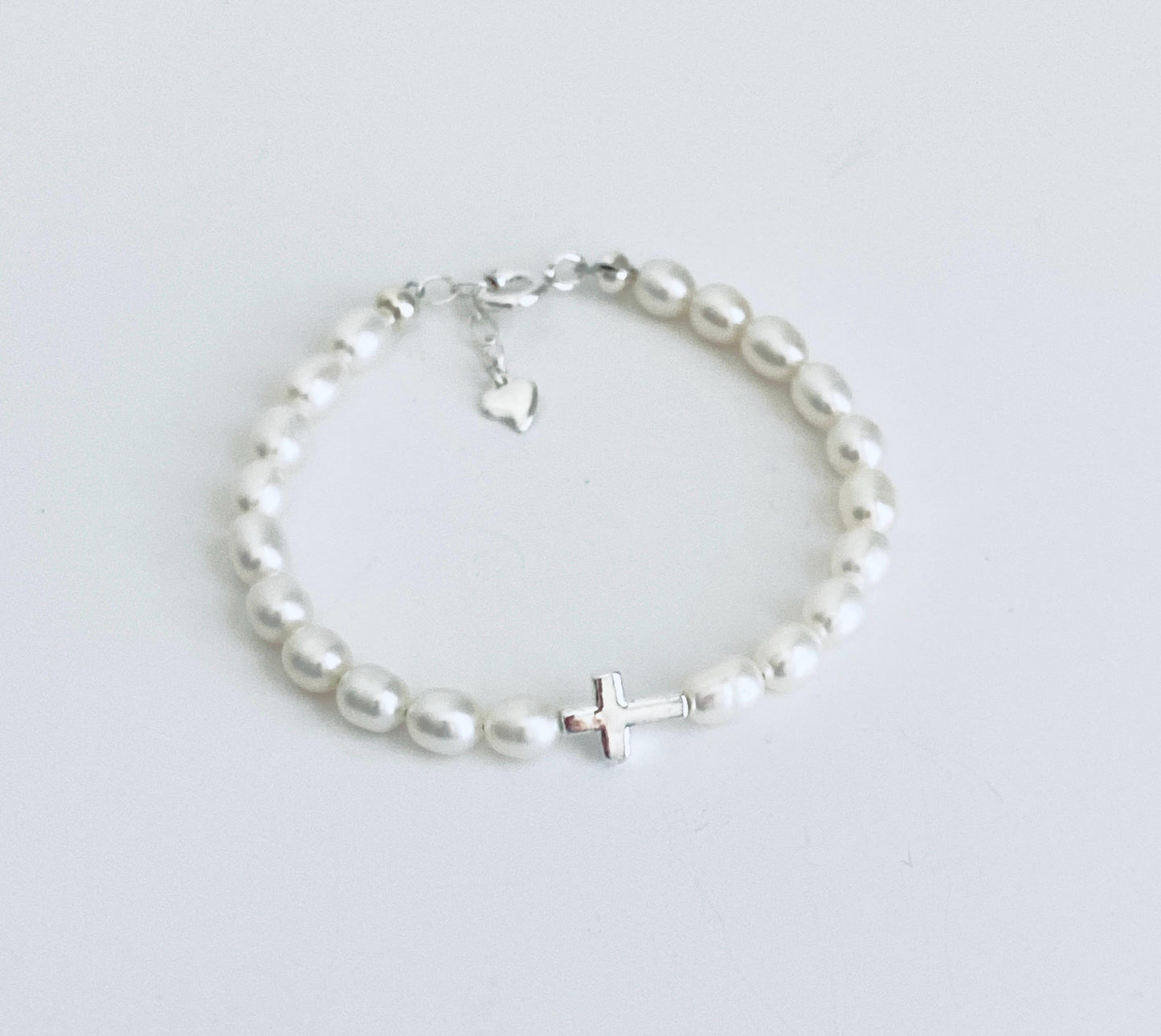 Adjustment Sterling Silver Cross Bracelet with White Freshwater Pearls • Christian Pearl Jewelry Gift
