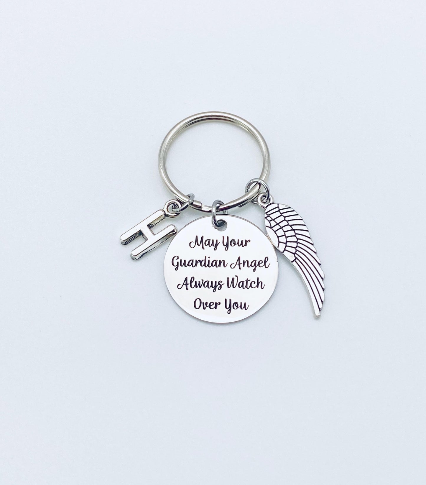 May Your Guardian Angel Always Watch Over You Key Chain with Initial and Angel Wing • Personalized Memorial Angel Keychain