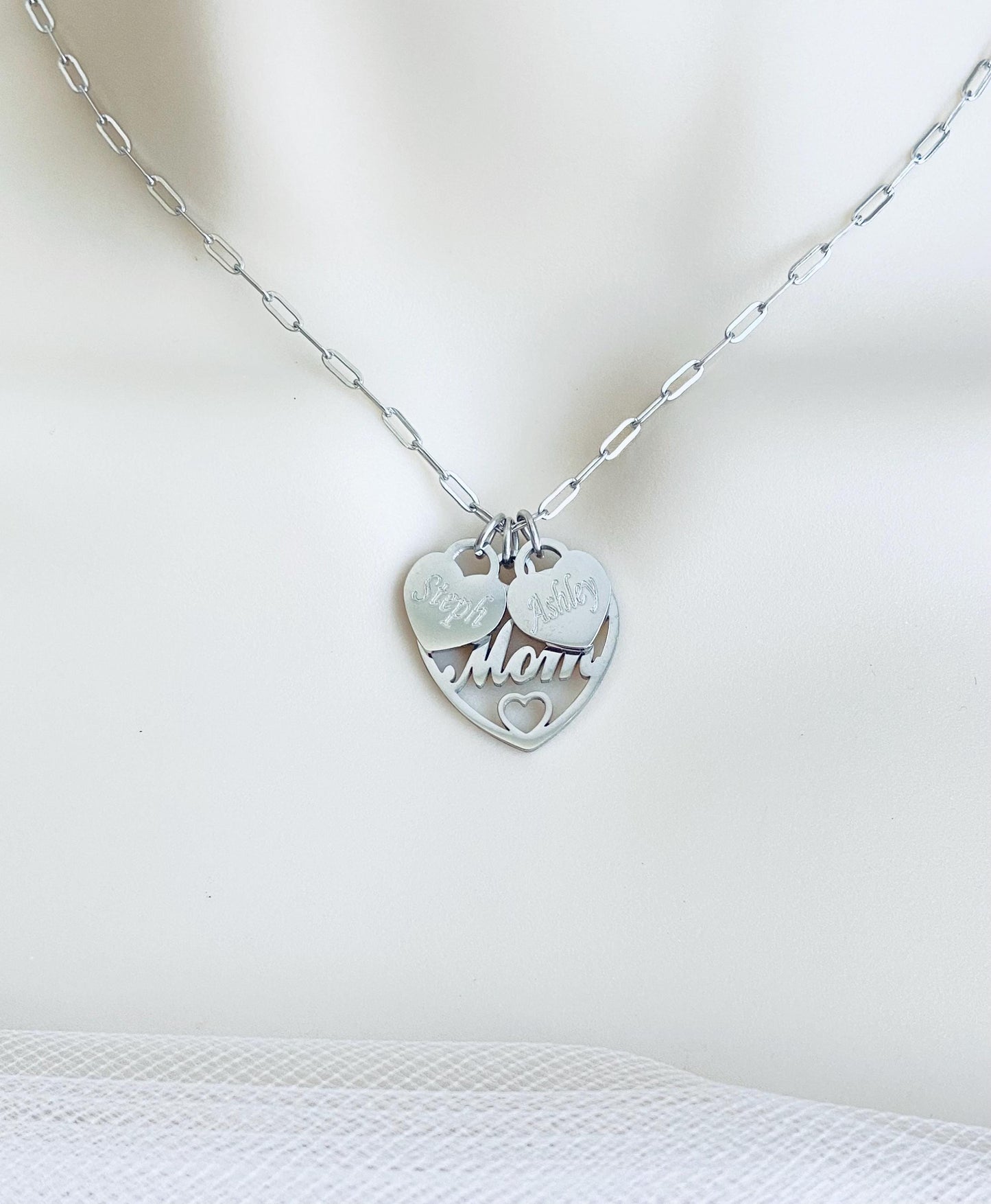 Mom Necklace with Personalized Heart Charms • Custom Family Necklace in Stainless Steel or Gold