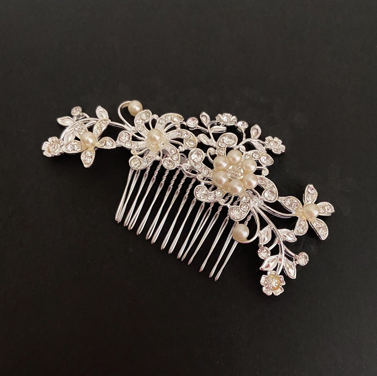 Rhinestone and Glass Pearl Floral Hair Comb • Bridal Wedding Hair Accessory for Bride & Bridesmaids