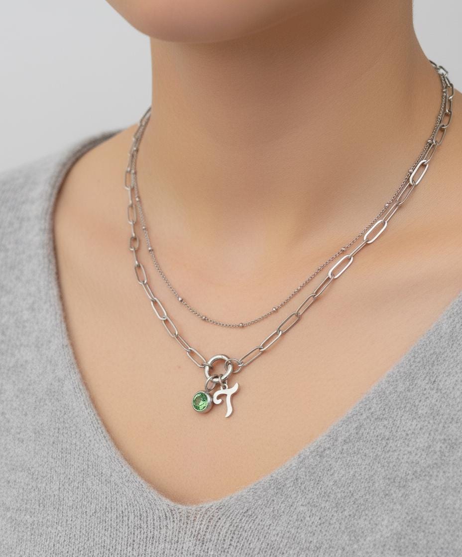 Personalized Mini Paperclip & Satellite Chain Necklace Set with Script Initial & Birthstone • Stainless Steel or Gold