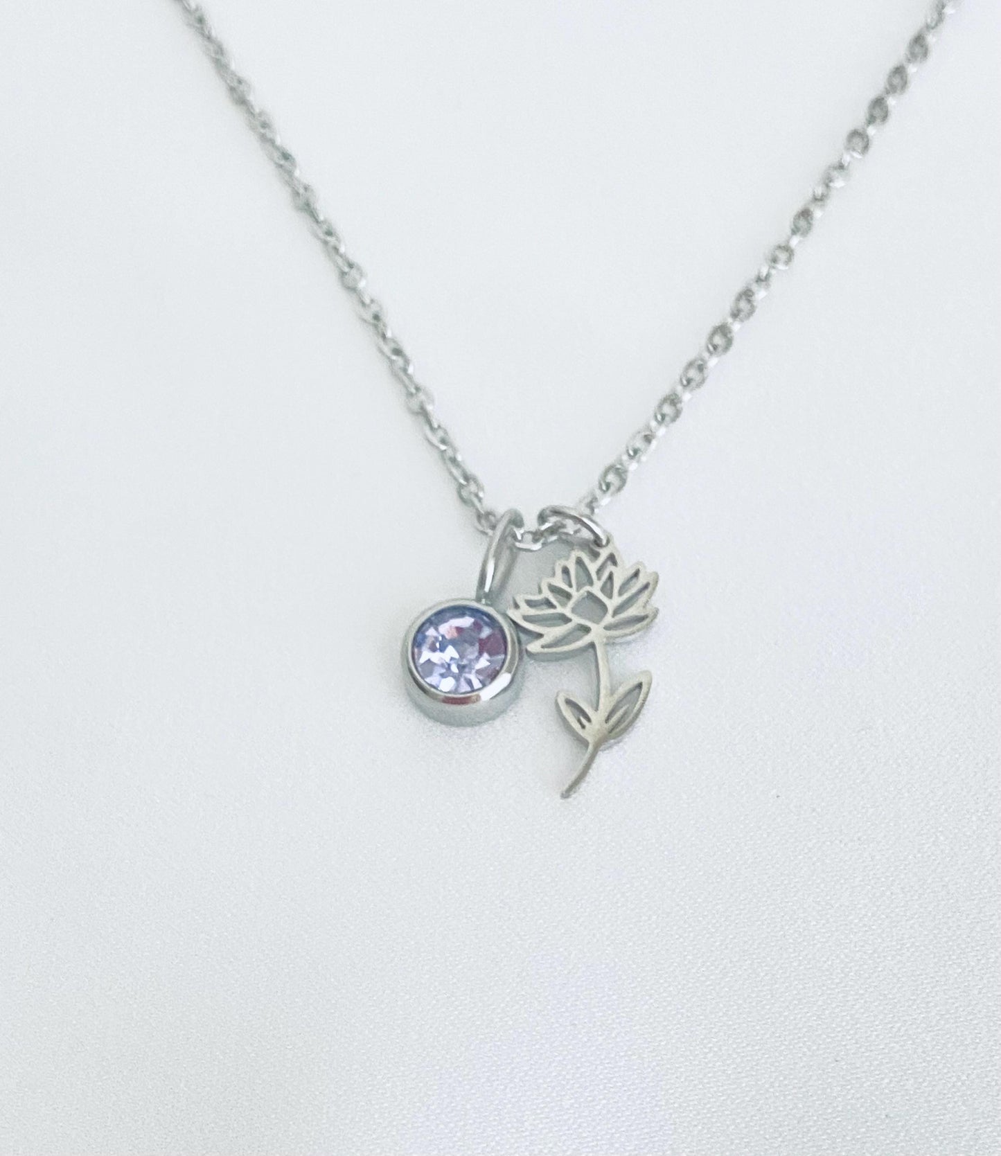 Personalized Birthstone & Birth Flower Pendant Necklace • Custom Necklace in Stainless Steel or Gold