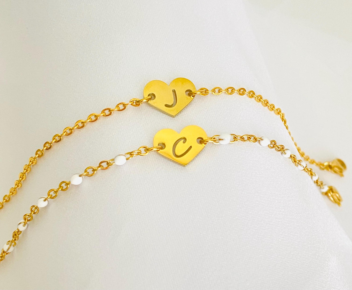 Gold Heart Initial Charm Bracelet • Personalized Letter Bracelet with Flat Cable Chain or White Enamel Beaded Chain