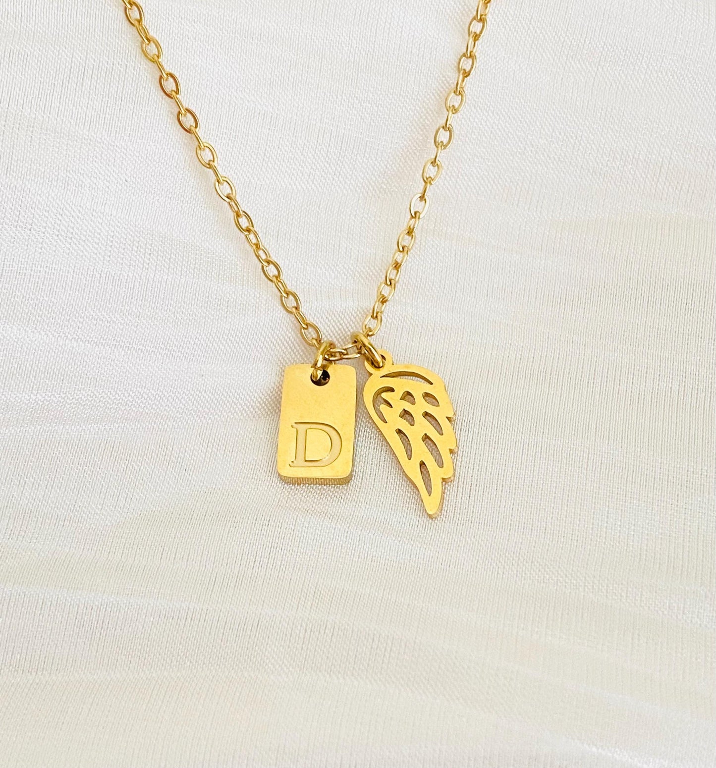 Personalized Angel Wing Necklace with Initial Tag • Stainless Steel or Gold Custom Charm Necklace
