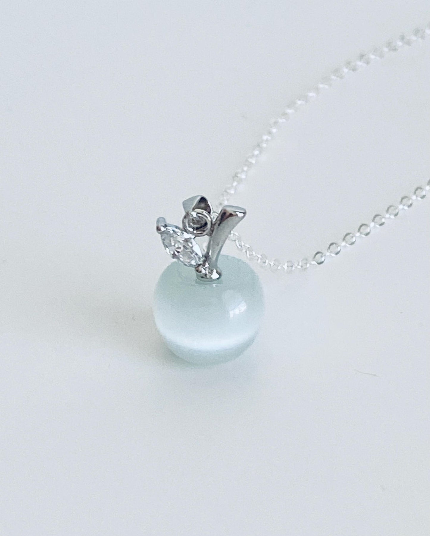 Sterling Silver Necklace with Cat’s Eye Apple Charm • 925 Silver Fruit Pendant Necklace