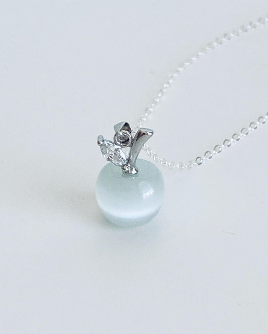 Sterling Silver Necklace with Cat’s Eye Apple Charm • 925 Silver Fruit Pendant Necklace