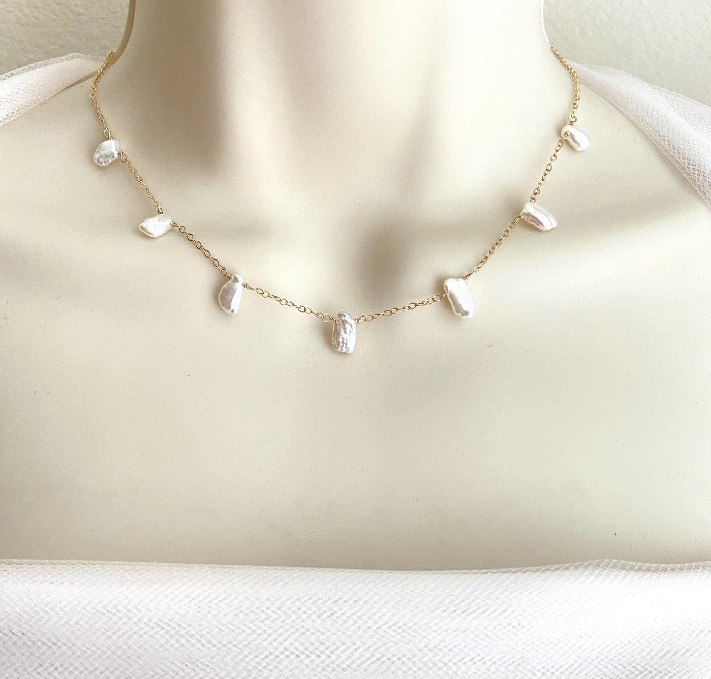 Delicate White Freshwater Keshi Pearl Necklace • Sterling Silver, Gold Filled or Rose Gold