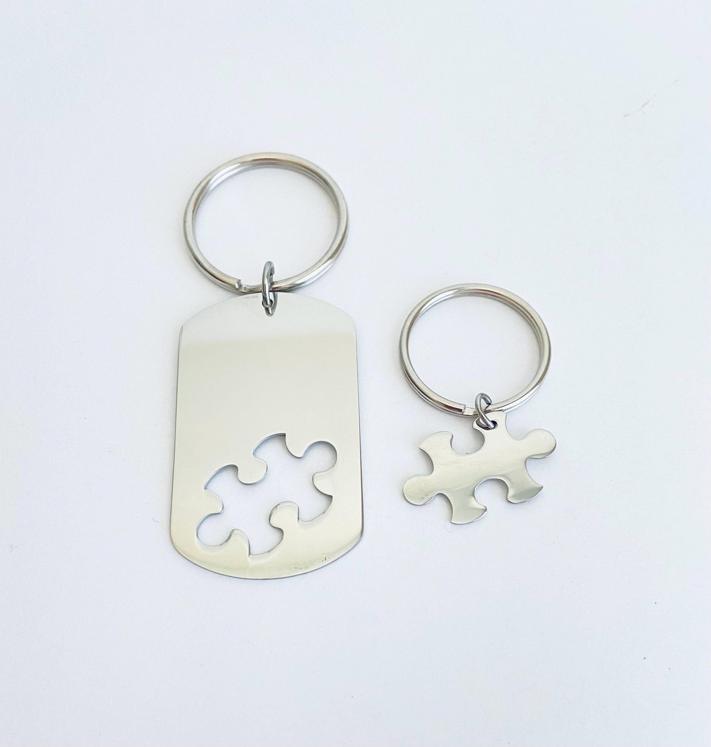 Personalized Stainless Steel Puzzle Key Chain Set • Interlocking Puzzle Piece Dog Tag Key Chains