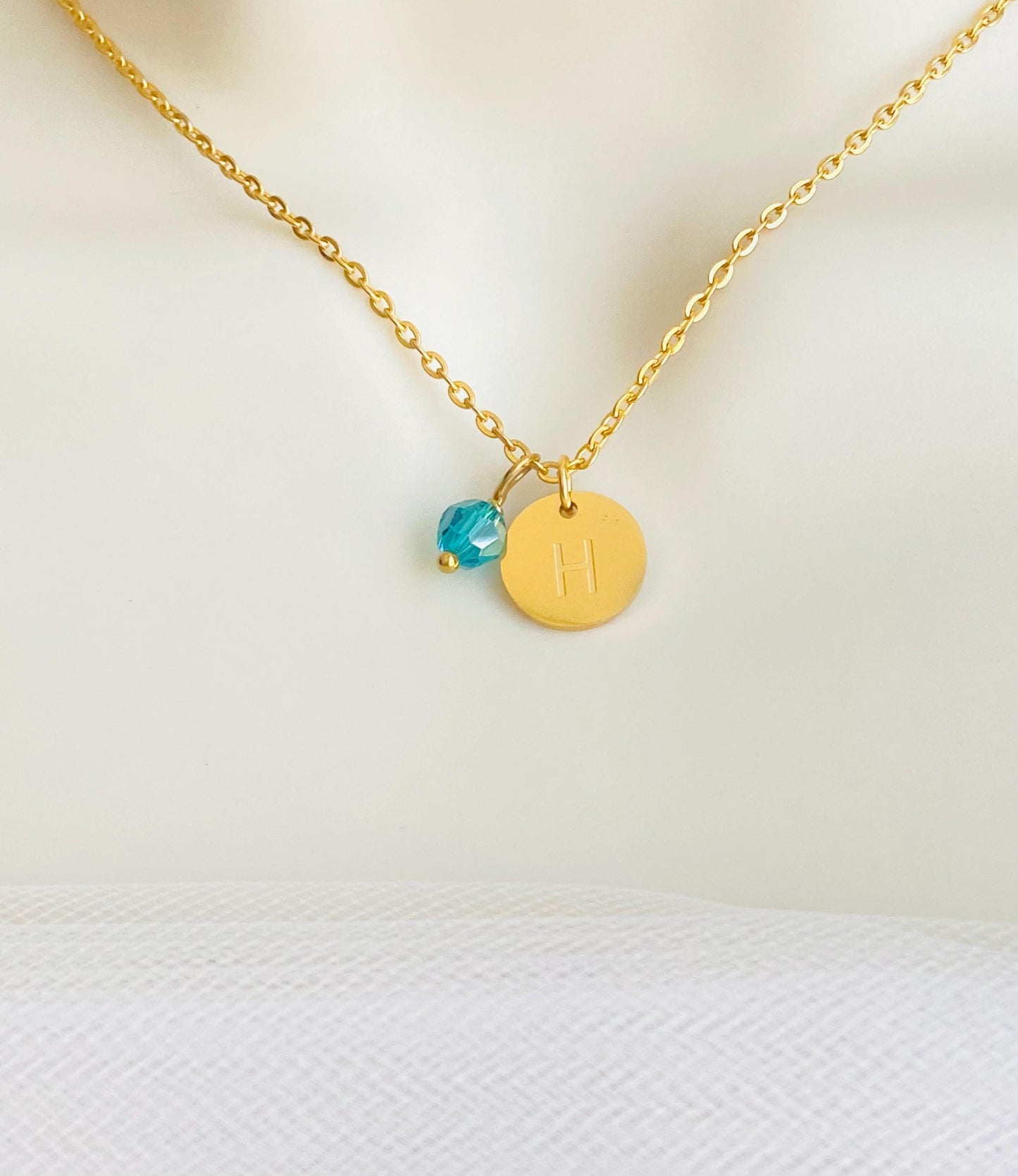 Stainless Steel Gold Initial Necklace with Swarovski Birthstone • Personalized Letter Pendant Necklaceold