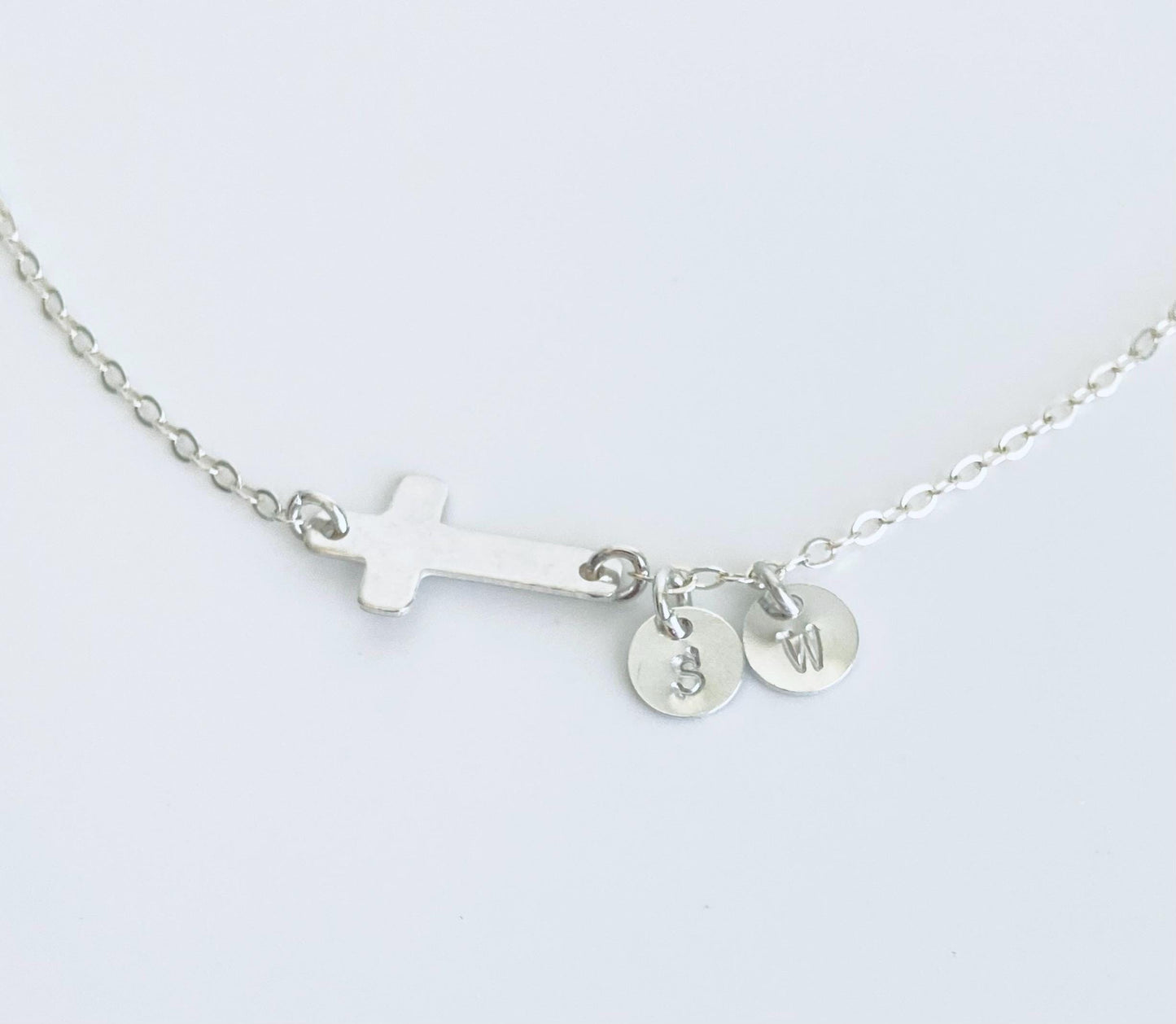 Sterling Silver Cross Bracelet with Two Tiny Initial Charms • Personalized 925 Silver Faith Bracelet