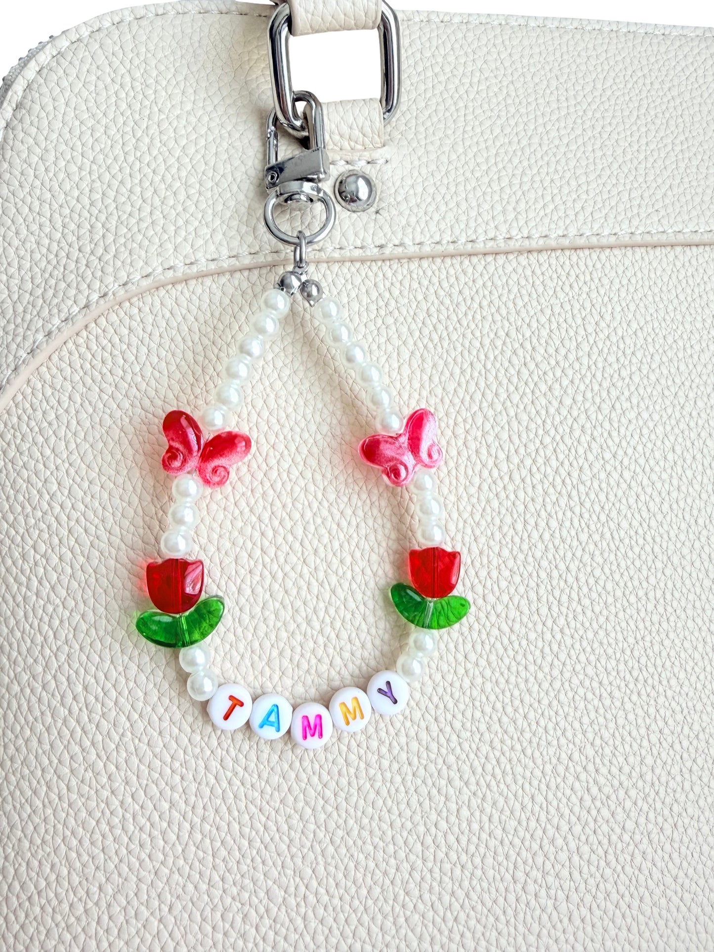 Personalized Name Bag Charm with Tulip & Butterfly